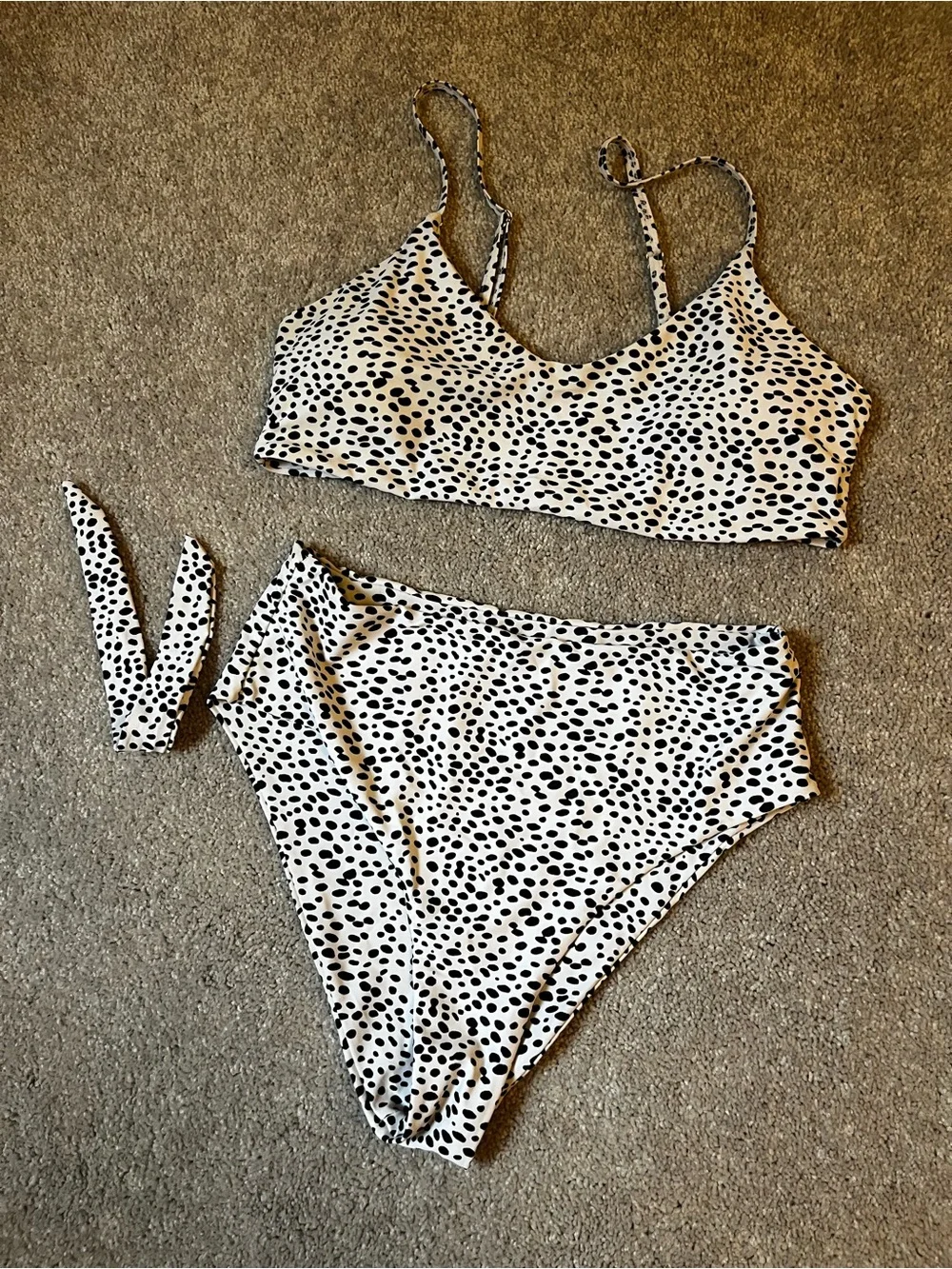 High Waisted Bikini Set in White with Black Spot Print
